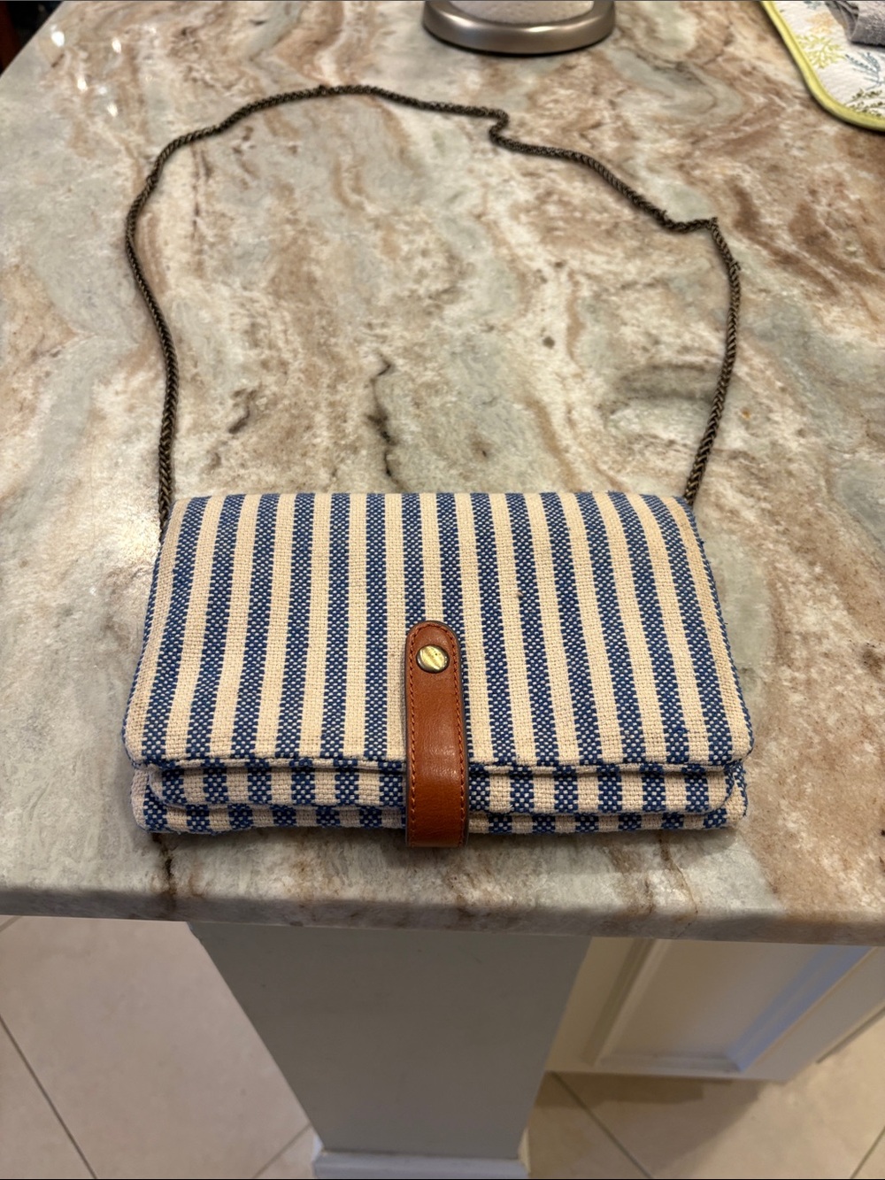 Street Level Blue and White Striped Crossbody bag with Brown Trim
